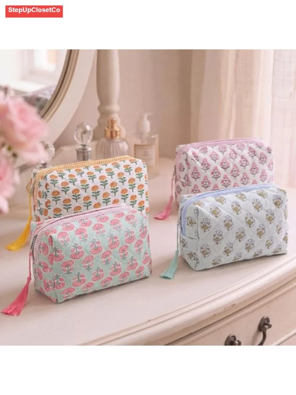 6 Piece Quilted Cotton Makeup Bags with Tassels Travel Toiletry Organizer Set